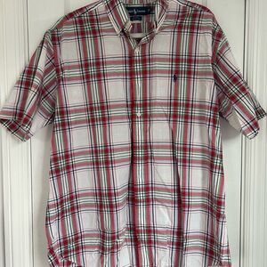 Ralph Lauren Men’s Red, Green & Navy Plaid Short-Sleeve Button-Down Shirt